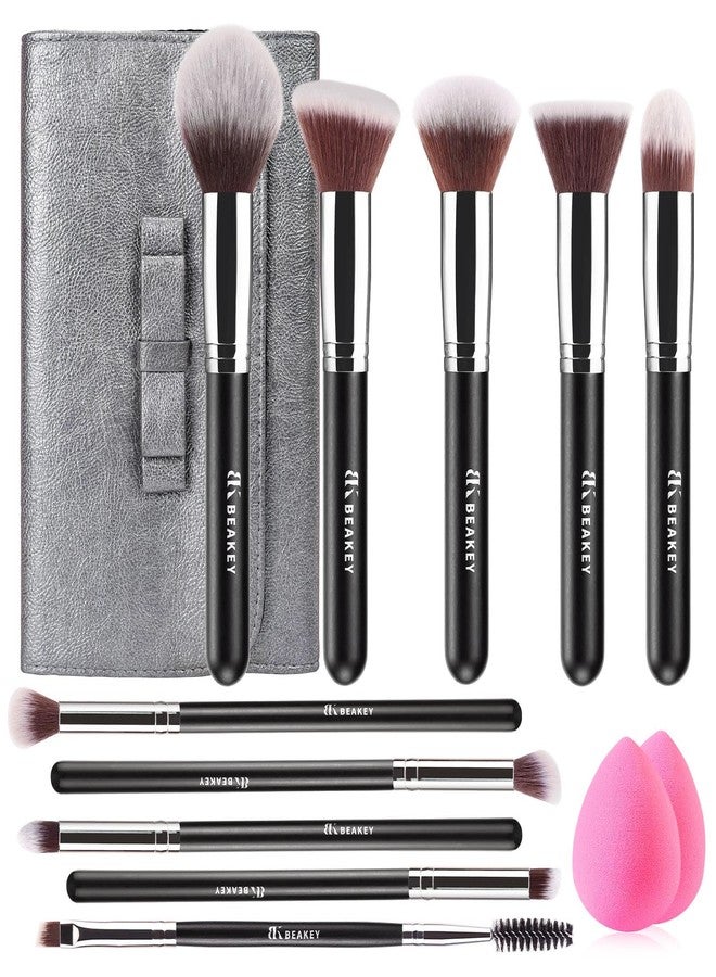 BEAKEY Makeup Brushes Set Premium Foundation Concealer Blush Bronzer Eye Shadow 10+2 PCS Brushes & Blender Sponges with Portable Makeup Bag - Image 1